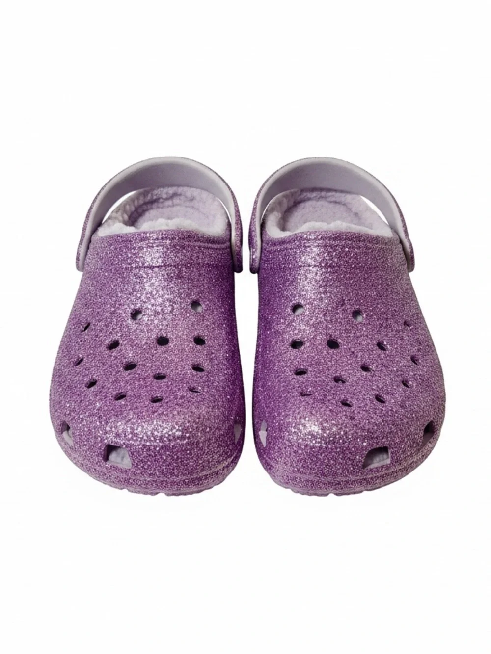 CROCS NWT Kids Purple Glitter Fuzzy Clog with Heel Strap Size 3